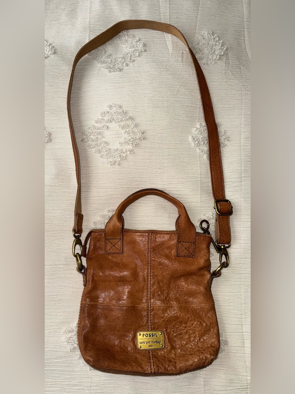 Fossil Long Live Vintage Embossed Leather Messenger Crossbody